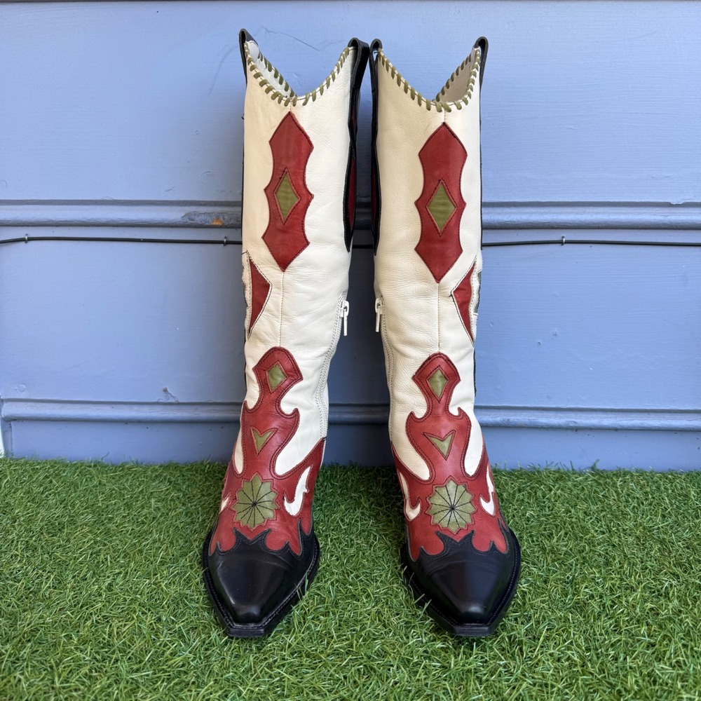 BCBGirls Vintage Western Patchwork Leather Tall Boots White Red Black Size 6B
